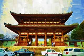 Illust, materieel, vrij, landschap, schilderstuk, schilderstuk, kleuren potlood, crayon, werkje,De Ninna-ji Temple Nio beschermer godheid poort, Deva poort, Geval verschijning bemoederen van een huis, Japanse bouwstijl, Wijdvermaarde tempel met een eerbare geschiedenis