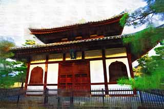 illust, material, livram, paisagem, quadro, pintura, lpis de cor, creiom, puxando,Myoshin-ji Templo armazm por manter a escritura sagrada budista, Egen Kanzan, fundo de floresta, O papa de jardim de flor, templo que pertence  seita de Zen