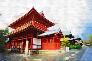 Illust, materieel, vrij, landschap, schilderstuk, schilderstuk, kleuren potlood, crayon, werkje,Myoshin-ji Temple Mikado, Egen Kanzan, Ik word in rood geschilderd, De bloementuin paus, Tempel behorend bij de Zen sekte