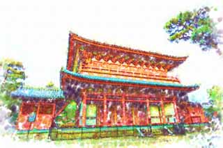 illust, matire, libre, paysage, image, le tableau, crayon de la couleur, colorie, en tirant,Mikado de temple Myoshin-ji, Egen Kanzan, Je suis peint en rouge, Le pape du jardin de la fleur, temple qui appartient  la secte Zen