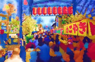 illustration,material,free,landscape,picture,painting,color pencil,crayon,drawing,The approach to Shibamata Taishaku-ten Temple, stand, fair, worshiper, Takoyaki