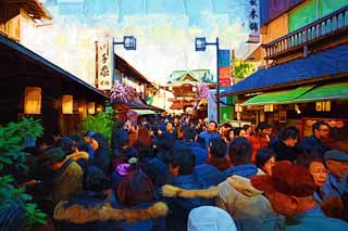 illustration,material,free,landscape,picture,painting,color pencil,crayon,drawing,The approach to Shibamata Taishaku-ten Temple, Deva gate, New Year's visit to a Shinto shrine, worshiper, Great congestion