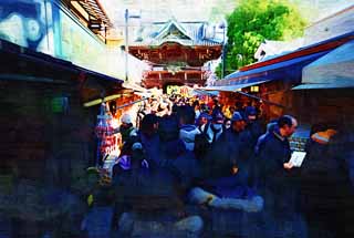 Illust, materieel, vrij, landschap, schilderstuk, schilderstuk, kleuren potlood, crayon, werkje,Ht benadering van Shibamata Taishaku-tien Tempel, Deva poort, Nieuw bezoek van Jaar naar een Shinto heiligdom, Worshiper, Grote congestie