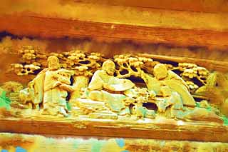 illust, matire, libre, paysage, image, le tableau, crayon de la couleur, colorie, en tirant,Shibamata Taishaku-dix sculpture de Temple, Une anecdote, sculpture, grain de bois, Bouddhisme
