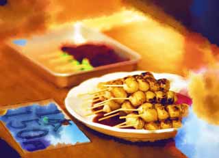 illustration,material,free,landscape,picture,painting,color pencil,crayon,drawing,Look, and drip it; a dumpling, skewer, dumpling, cake, I am delicious