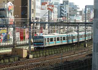photo,material,free,landscape,picture,stock photo,Creative Commons,Keihintouhoku Line, vehicle, commuter train, 6 door vehicles, blue line
