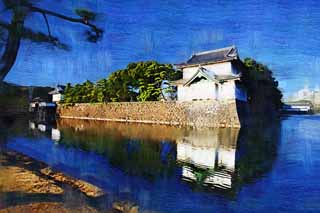 illustration,material,free,landscape,picture,painting,color pencil,crayon,drawing,Two folds of Sakurada oars, Edo-jo Castle, treasury, moat, Ishigaki