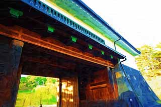 illust, material, livram, paisagem, quadro, pintura, lpis de cor, creiom, puxando,Palcio imperial Sakurada-mon porto, Ishigaki, palcio, Passagem de Watari debaixo de uma torre, Edo-jo Castelo