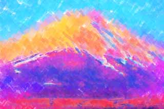 illust, materiale, libero panorama, ritratto dipinto, matita di colore disegna a pastello, disegnando,Fuji rosso, Fujiyama, Le montagne nevose, superficie di un lago, Il bagliore di mattina