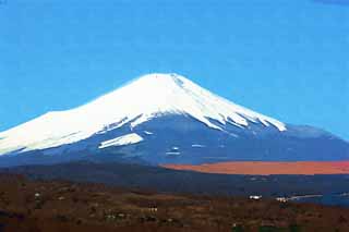 illust, materiale, libero panorama, ritratto dipinto, matita di colore disegna a pastello, disegnando,Mt. Fuji, Fujiyama, Le montagne nevose, Spruzzi di neve, Il mountaintop
