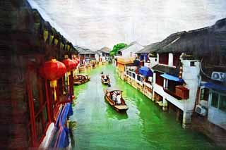 illust, matire, libre, paysage, image, le tableau, crayon de la couleur, colorie, en tirant,Canal Zhujiajiao, voie navigable, lanterne, bateau de bateau de pche main-travaill, touriste