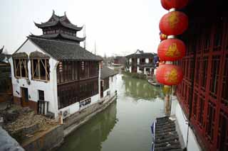 Foto, materieel, vrij, landschap, schilderstuk, bevoorraden foto,Zhujiajiao kanaal, Vaarwater, Lantaarn, Witte muur, Tichel