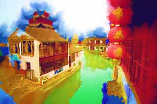 illust, matire, libre, paysage, image, le tableau, crayon de la couleur, colorie, en tirant,Canal Zhujiajiao, voie navigable, lanterne, mur blanc, carreau