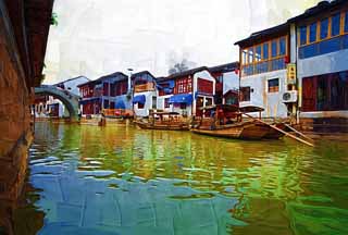 illust, matire, libre, paysage, image, le tableau, crayon de la couleur, colorie, en tirant,Canal Zhujiajiao, voie navigable, La surface de l'eau, bateau de bateau de pche main-travaill, touriste