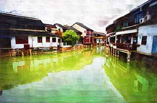 illust, materiale, libero panorama, ritratto dipinto, matita di colore disegna a pastello, disegnando,Zhujiajiao provvedere di canale*, idrovia, La superficie dell'acqua, Ishigaki, muro bianco