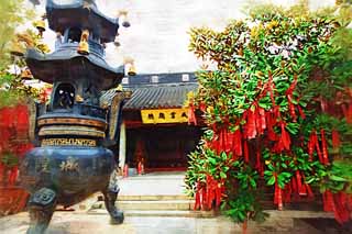 illust, materiale, libero panorama, ritratto dipinto, matita di colore disegna a pastello, disegnando,Tempio di Zhujiajiao, Chaitya, Una lampada di incenso, conto, augurio