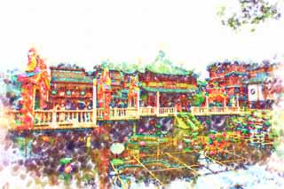 illust, materiale, libero panorama, ritratto dipinto, matita di colore disegna a pastello, disegnando,Yuyuan Garden cuore di una pergola di lago, Joss si trova giardino, , stagno, Edificio cinese