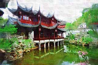illust, materiale, libero panorama, ritratto dipinto, matita di colore disegna a pastello, disegnando,Mt. Yuyuan Garden tempio di comando, Joss si trova giardino, , Stile di cibo cinese, stagno