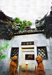 Illust, materieel, vrij, landschap, schilderstuk, schilderstuk, kleuren potlood, crayon, werkje,Yuyuan Tuinieren draak muur, Joss huis tuinieren, Draak, Dakpan, Chinees gebouw