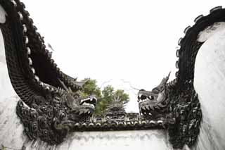 Foto, materiell, befreit, Landschaft, Bild, hat Foto auf Lager,Yuyuan Garden Drachenmauer, Joss Hausgarten, Drachen, Dachziegel, Chinesisches Gebude