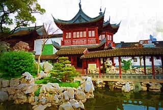 illustration,material,free,landscape,picture,painting,color pencil,crayon,drawing,Yuyuan Garden, Joss house garden, roofed passage connecting buildings, Chinese food style, pond