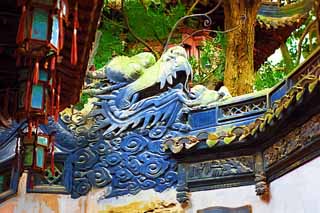 illustration,material,free,landscape,picture,painting,color pencil,crayon,drawing,Yuyuan Garden dragon wall, Joss house garden, dragon, roof tile, Chinese building