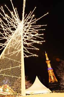 fotografia, materiale, libero il panorama, dipinga, fotografia di scorta,Torre di televisione di Sapporo, Una torre di onda elettrica, Luminarie, luce, Io sono bello