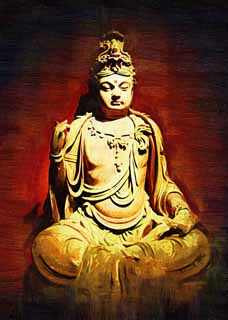 Illust, materieel, vrij, landschap, schilderstuk, schilderstuk, kleuren potlood, crayon, werkje,Het is een standbeeld van Budda ten tijde van geld, Boeddhisme, Ht ancients, Boeddha, Beeldhouwkunst
