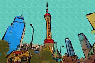 illustration,material,free,landscape,picture,painting,color pencil,crayon,drawing,Watch east light ball train; a tower, An electric wave tower, sightseeing spot, An oriental pearl tower, An outside rough sea