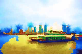 illust, material, livram, paisagem, quadro, pintura, lpis de cor, creiom, puxando,Huangpu Jiang, navio, construindo, cidade, Um mar spero externo