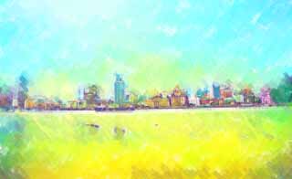 illustration,material,free,landscape,picture,painting,color pencil,crayon,drawing,Huangpu Jiang, ship, building, city, An outside rough sea
