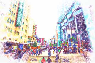 Illust, materieel, vrij, landschap, schilderstuk, schilderstuk, kleuren potlood, crayon, werkje,Nanjing oostelijke provincie wandeling straat, Bloementuin zijstraat, Grootwinkelbedrijf, Menigte, Boodschappend doend