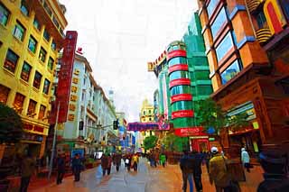 illust, materiale, libero panorama, ritratto dipinto, matita di colore disegna a pastello, disegnando,Nanjing strada di passeggiata di provincia orientale, bystreet orto e floreale, grande magazzino, folla, karaoke