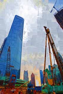 illust,tela,gratis,paisaje,fotografa,idea,pintura,Lpiz de color,dibujo,Durante el desarrollo de Shangai, Mquina industrial pesada, El sitio de construccin, Desarrollo, Rascacielos