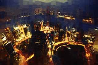 illustration,material,free,landscape,picture,painting,color pencil,crayon,drawing,Dusk of Shanghai, superb view, I light it up, Watch east light ball train; a tower, skyscraper