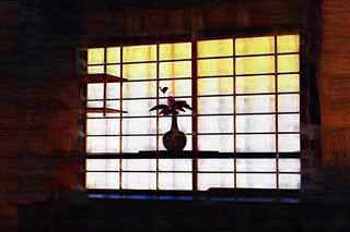 illust, materiale, libero panorama, ritratto dipinto, matita di colore disegna a pastello, disegnando,Una finestra di shoji, finestra di shoji, mensola, clematide, Architettura di stile architettonica giapponese