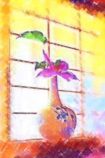 illust, materiale, libero panorama, ritratto dipinto, matita di colore disegna a pastello, disegnando,Una finestra di shoji, finestra di shoji, mensola, clematide, Architettura di stile architettonica giapponese