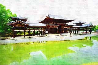 illustration,material,free,landscape,picture,painting,color pencil,crayon,drawing,Byodo-in Temple Chinese phoenix temple, world heritage, Jodo faith, Pessimism due to the belief in the third and last stage of Buddhism, An Amitabha sedentary image