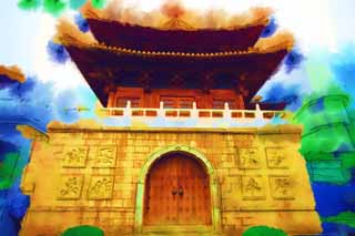 illust, materiale, libero panorama, ritratto dipinto, matita di colore disegna a pastello, disegnando,Tempio di Yasushi statico, Buddismo, Preghiera, Faith, porta