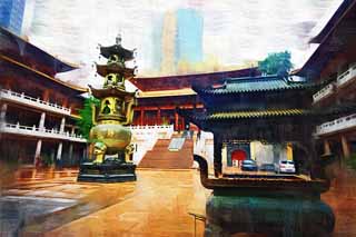illustration,material,free,landscape,picture,painting,color pencil,crayon,drawing,Static Yasushi temple, Buddhism, Prayer, Faith, An incense lamp