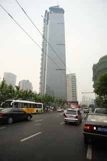fotografia, material, livra, ajardine, imagine, proveja fotografia,Fila de casas ao longo de uma rua de cidade de Shanghai, construindo, estrada asfaltada, nibus, carro