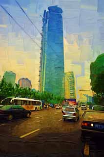 Illust, materieel, vrij, landschap, schilderstuk, schilderstuk, kleuren potlood, crayon, werkje,Rij van huizen mee een stad straat van Sjanghai, Gebouw, Steenweg, Autobus, Auto