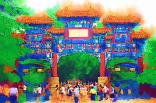 illust, material, livram, paisagem, quadro, pintura, lpis de cor, creiom, puxando,Yonghe Templo azulejo Bo, Ladrilhe Bo, O porto, Pailou, Chaitya