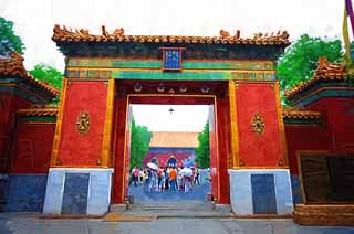 illustration,material,free,landscape,picture,painting,color pencil,crayon,drawing,Yonghe Temple Zhaotai gate, Tile Bo, The gate, Zhaotai gate, Chaitya