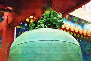 illust, materiale, libero panorama, ritratto dipinto, matita di colore disegna a pastello, disegnando,Una campana di tempio di Tempio di Yonghe, campana, Bronzo, dragone, Chaitya
