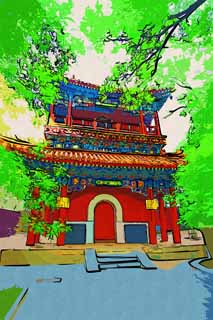 illustration,material,free,landscape,picture,painting,color pencil,crayon,drawing,A Yonghe Temple drum tower, Rich coloring, I am painted in red, drum, Chaitya