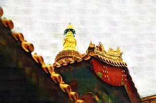 illustration,material,free,landscape,picture,painting,color pencil,crayon,drawing,A Yonghe Temple tower, Tibet, chain, Money, Chaitya