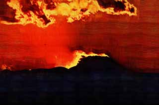 illust, materiale, libero panorama, ritratto dipinto, matita di colore disegna a pastello, disegnando,Mt. Fuji della distruzione da fuoco, Sole che mette, Mt. Fuji, Rosso, nube