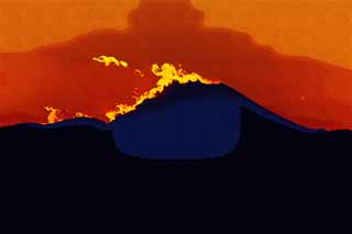 illustration,material,free,landscape,picture,painting,color pencil,crayon,drawing,Mt. Fuji of the destruction by fire, Setting sun, Mt. Fuji, Red, cloud