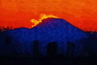 illustration,material,free,landscape,picture,painting,color pencil,crayon,drawing,Mt. Fuji of the destruction by fire, Setting sun, Mt. Fuji, Red, cloud